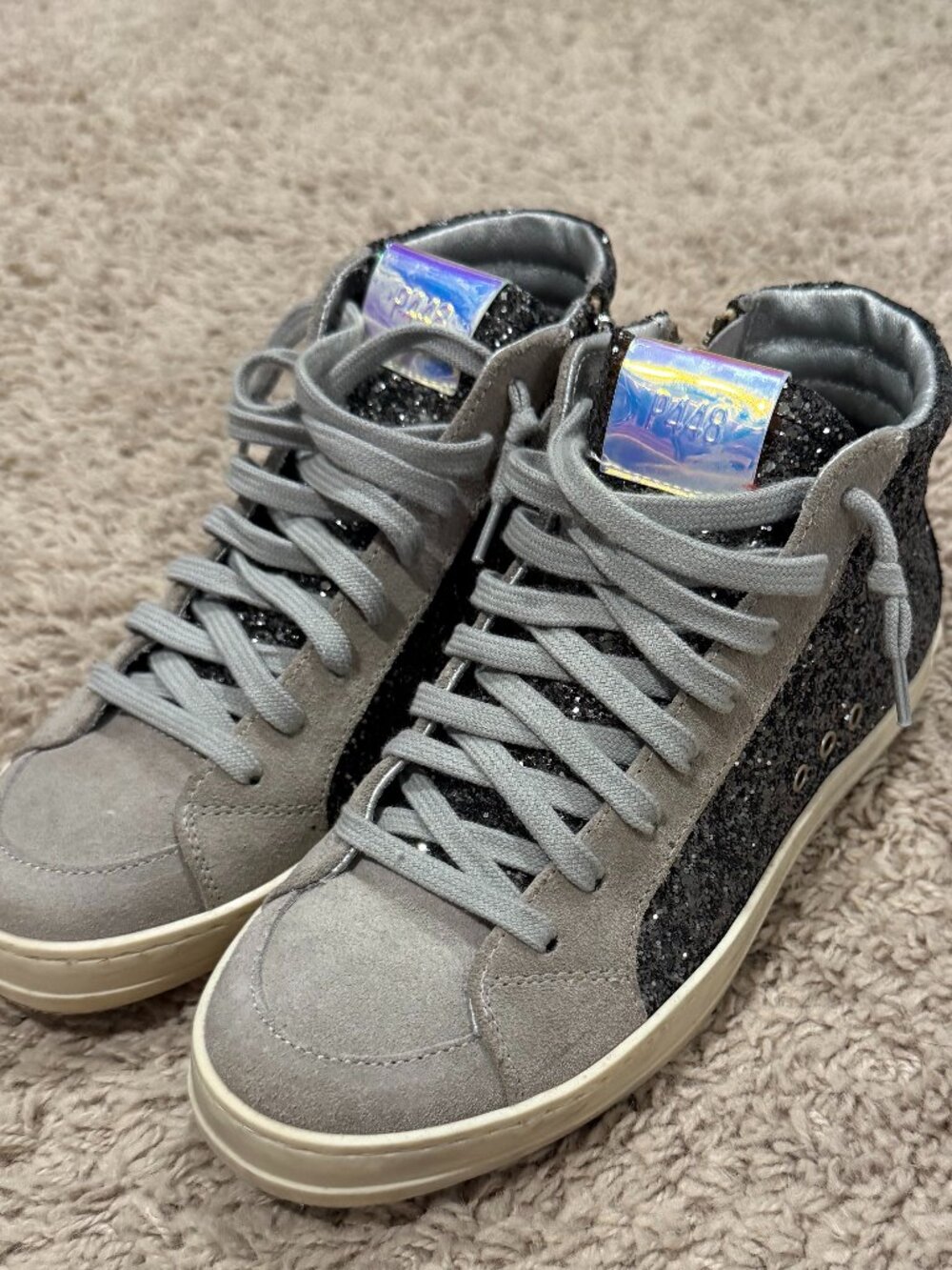 P448 John High Top Sneakers | Gray Suede & Black Glitter | Side Zip